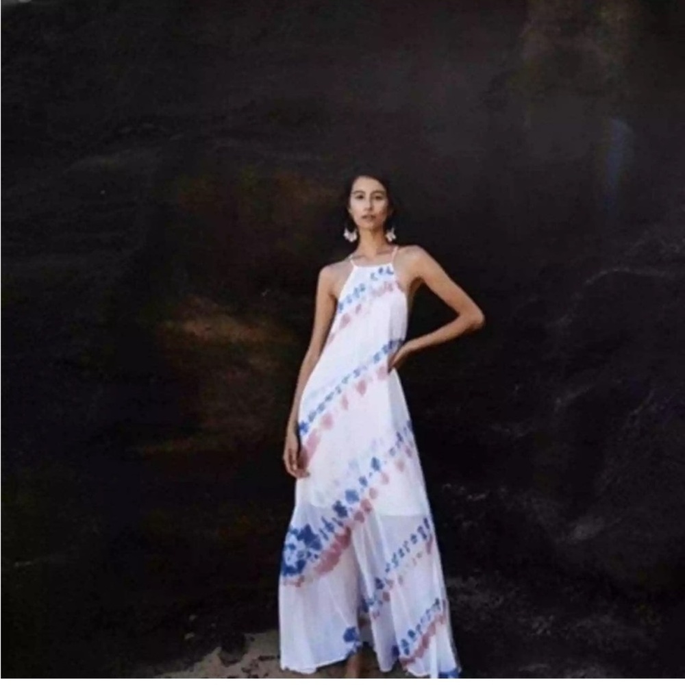 Elegant Blue and Pink Tie-Dye Maxi Dress